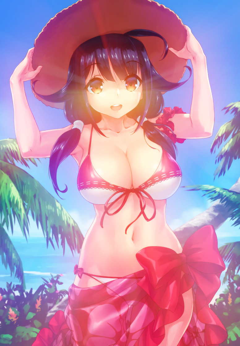 Wearing a bikini with a translucent red sarong tied around her waist with a big red bow, the Insatiable stands before palm trees and a beach, literally radiant with joy and power.  She smiles widely and holds her sun hat with both hands.